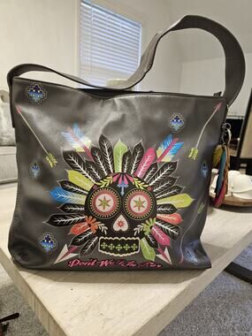 Gypsy Soule Gray Skull Feather Western PU Leather Large Shoulder Tote Bag